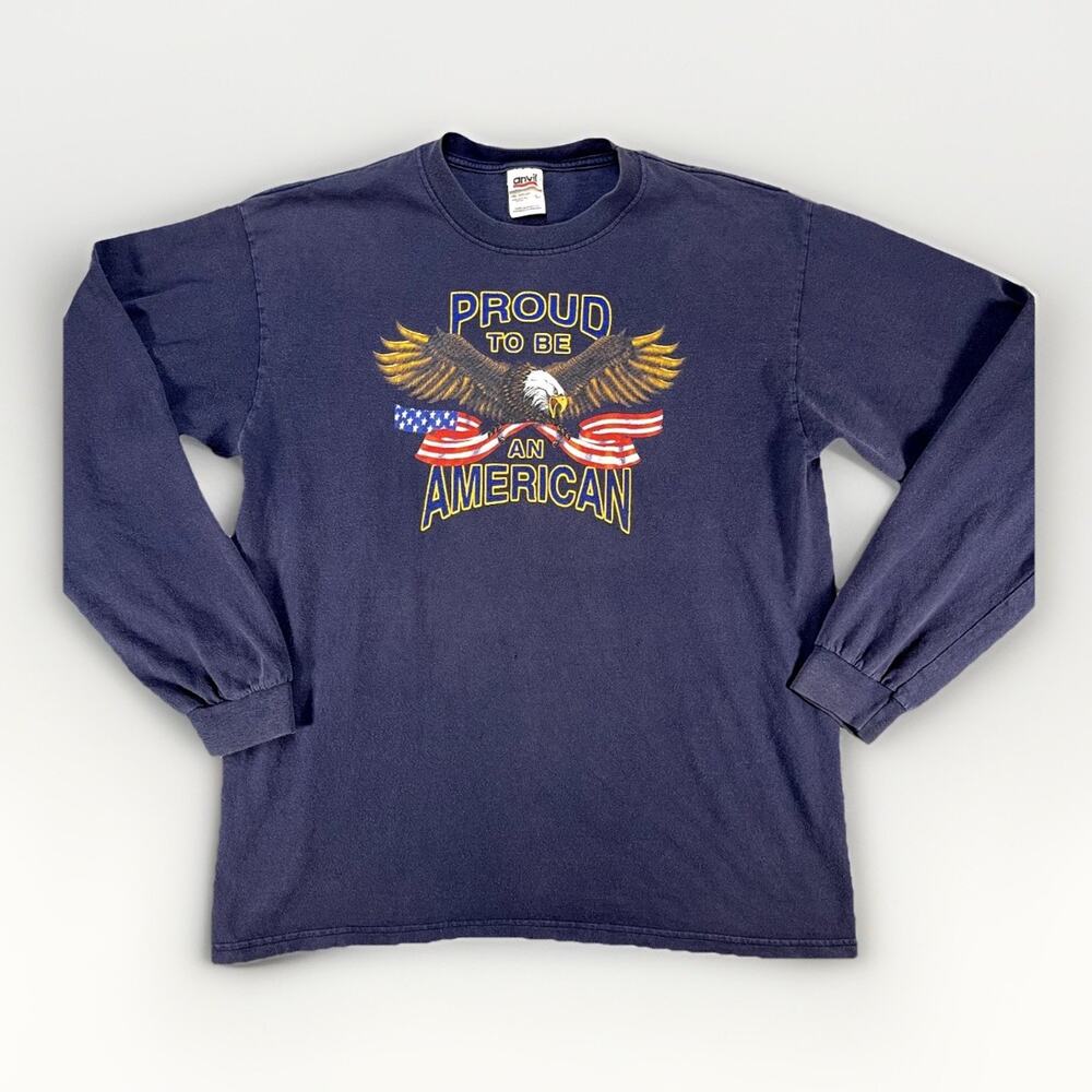 Anvil Proud American Long Sleeve Shirt Mens Large Crew Neck Blue Bald Eagle